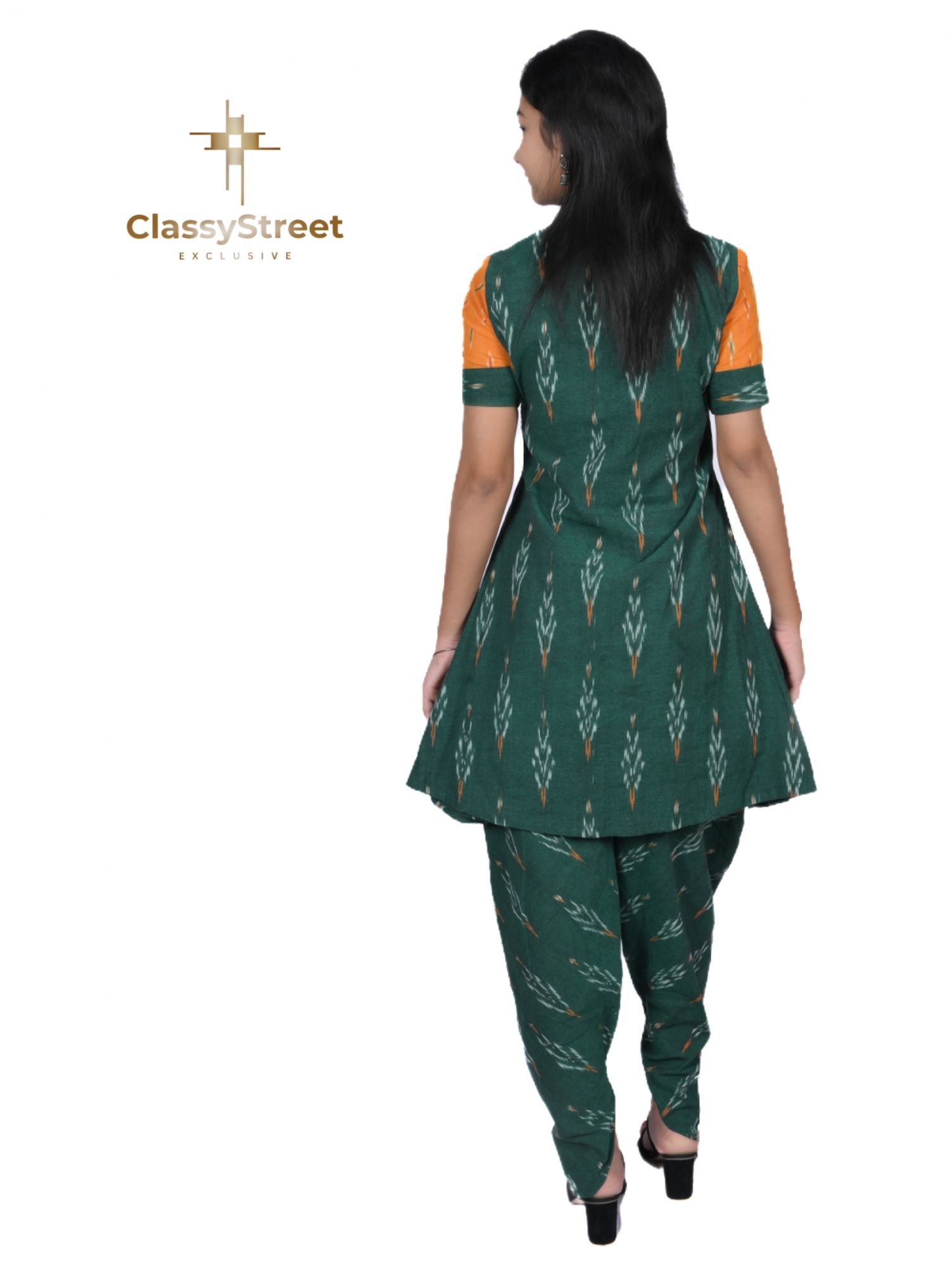 Green dhoti ikat dress