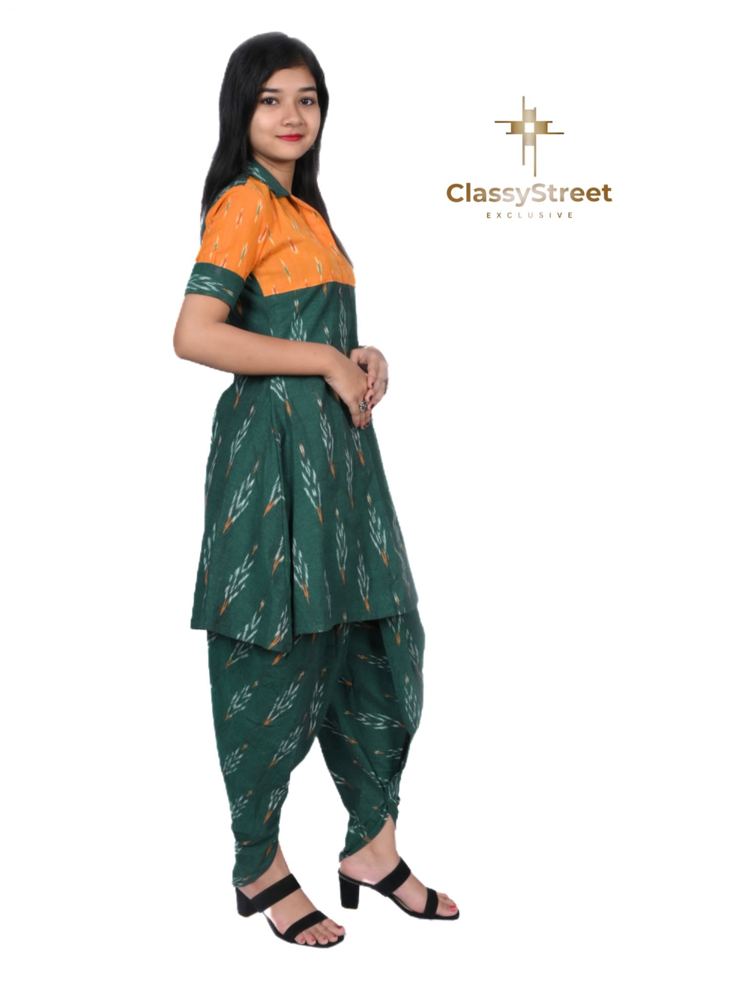 Green dhoti ikat dress