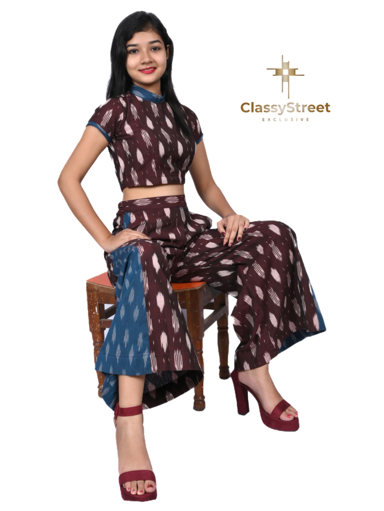 Ikat crop top with plazzo