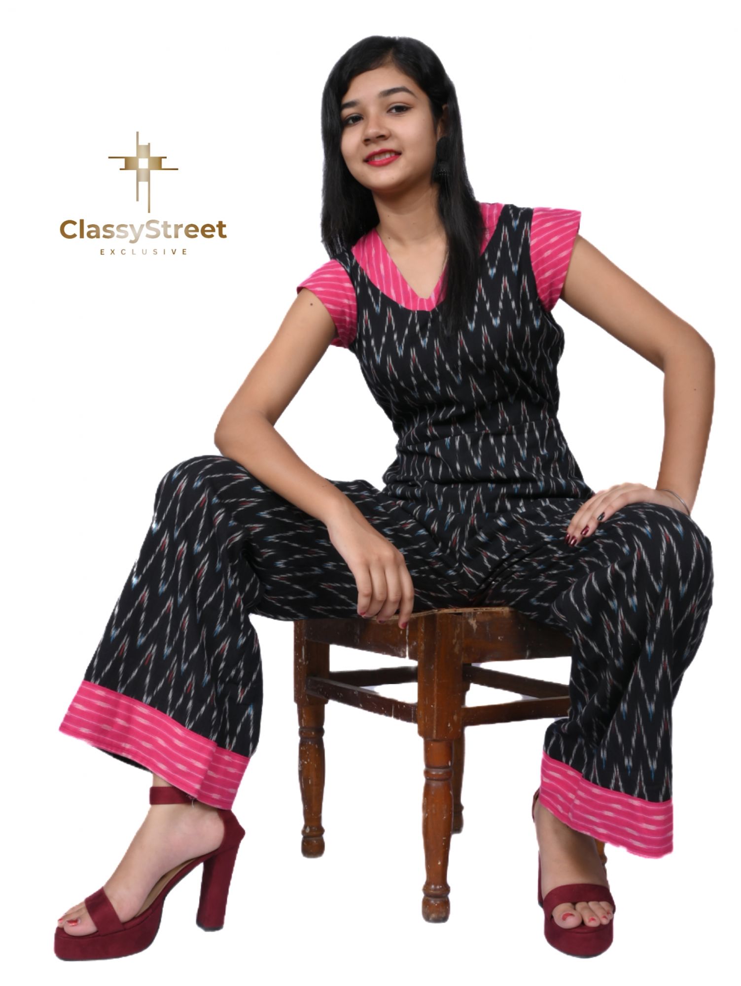 Black and pink Ikkat jumpsuit