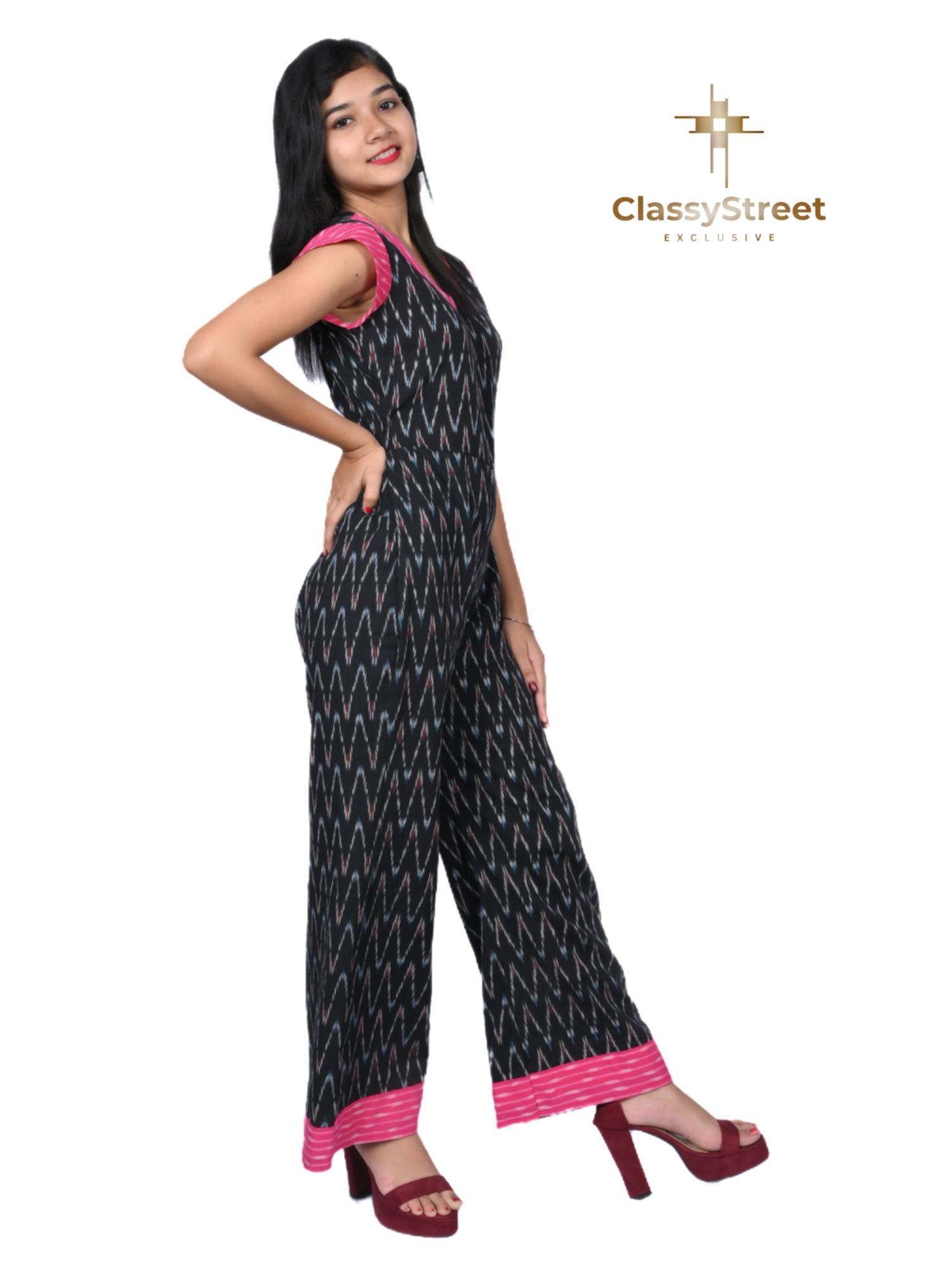 Black and pink Ikkat jumpsuit