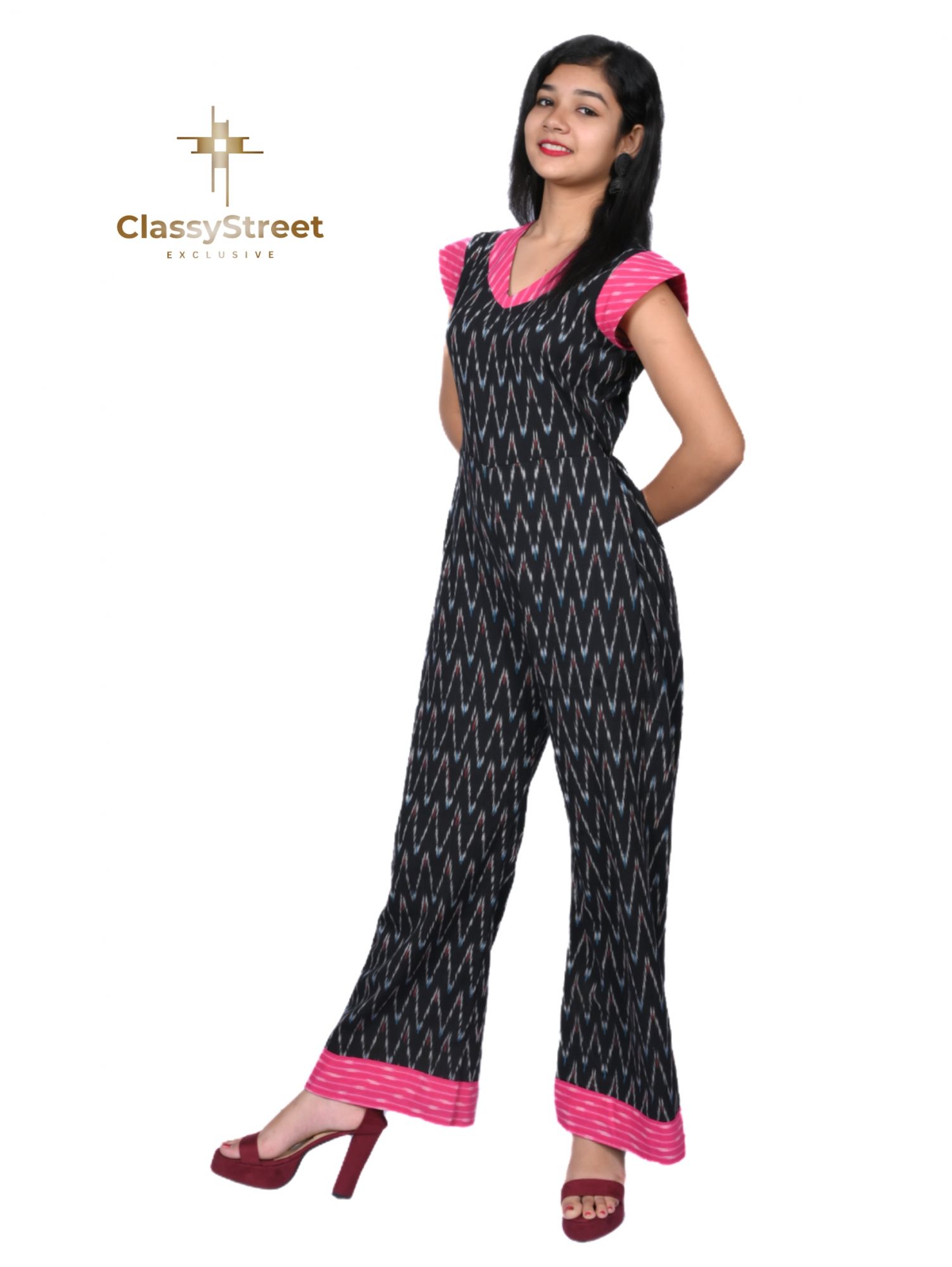Black and pink Ikkat jumpsuit