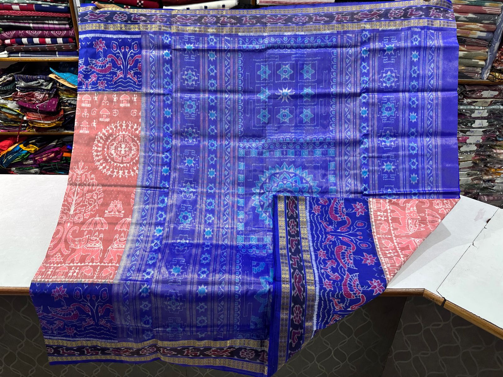Peach and blue half tissue sambalpuri silk saree