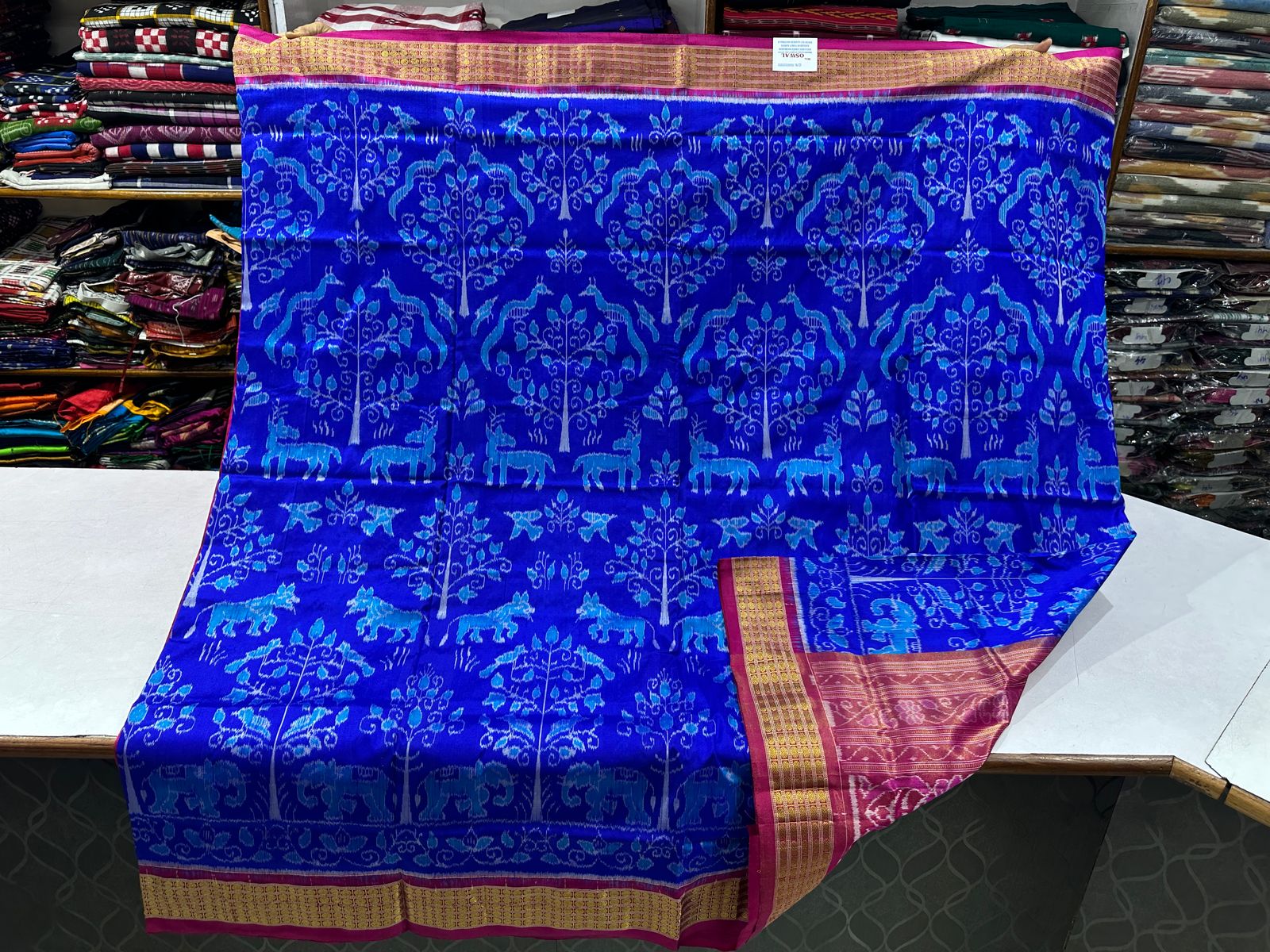 Blue and pink half tissue sambalpuri silk saree