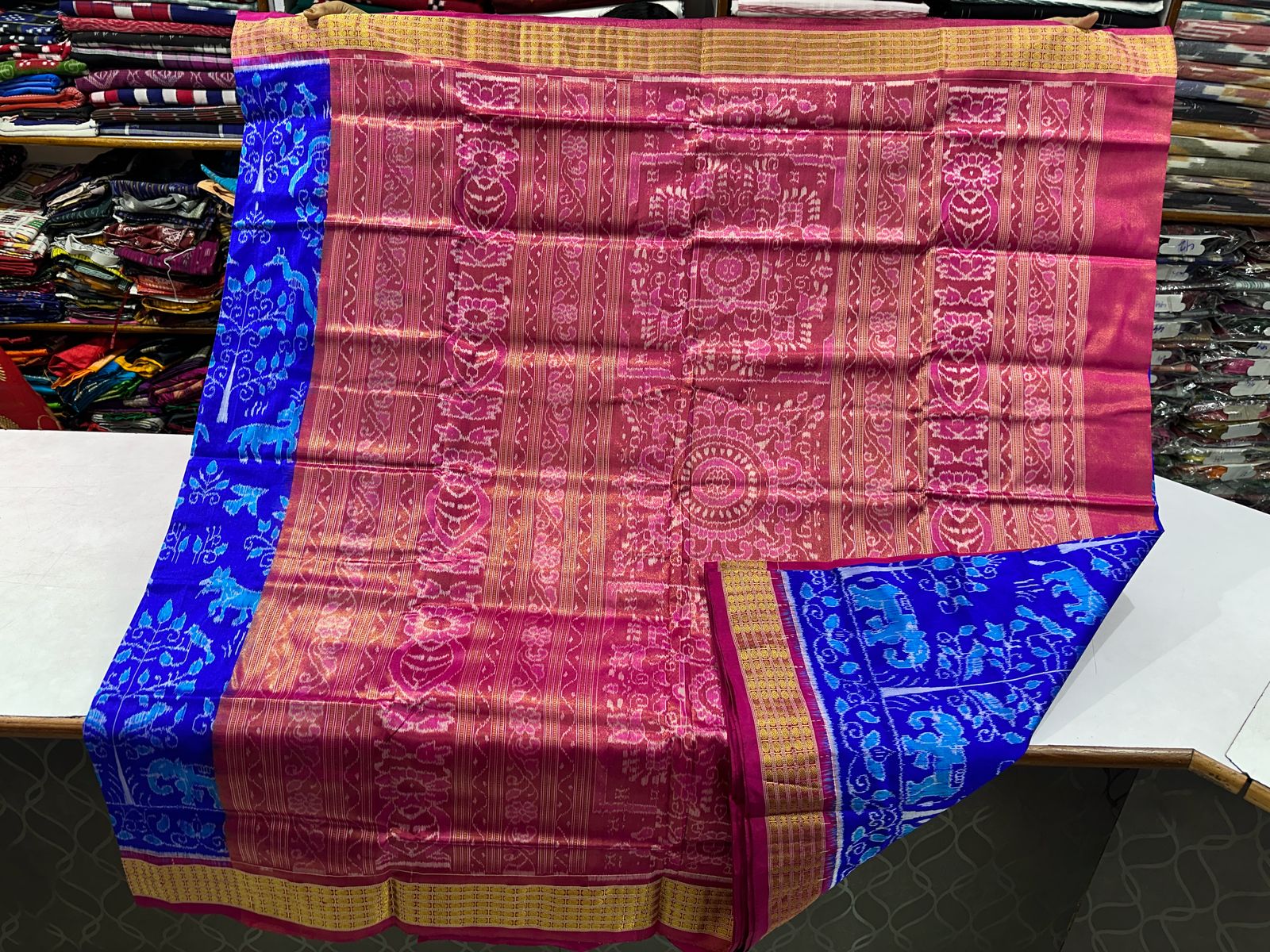Blue and pink half tissue sambalpuri silk saree