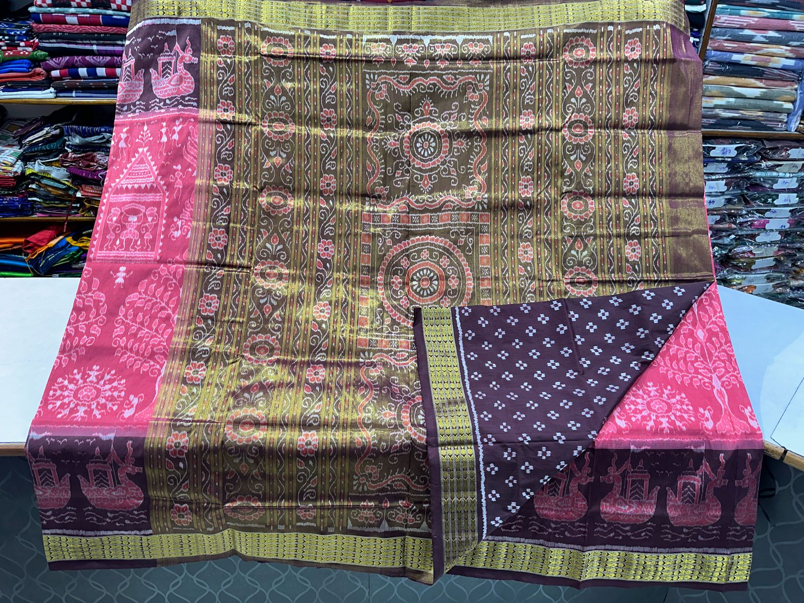 Pink and brown half tissue sambalpuri silk saree