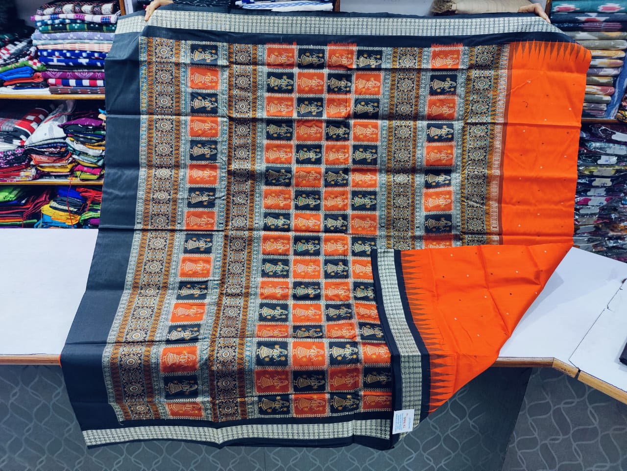Orange and black Bomkai silk saree