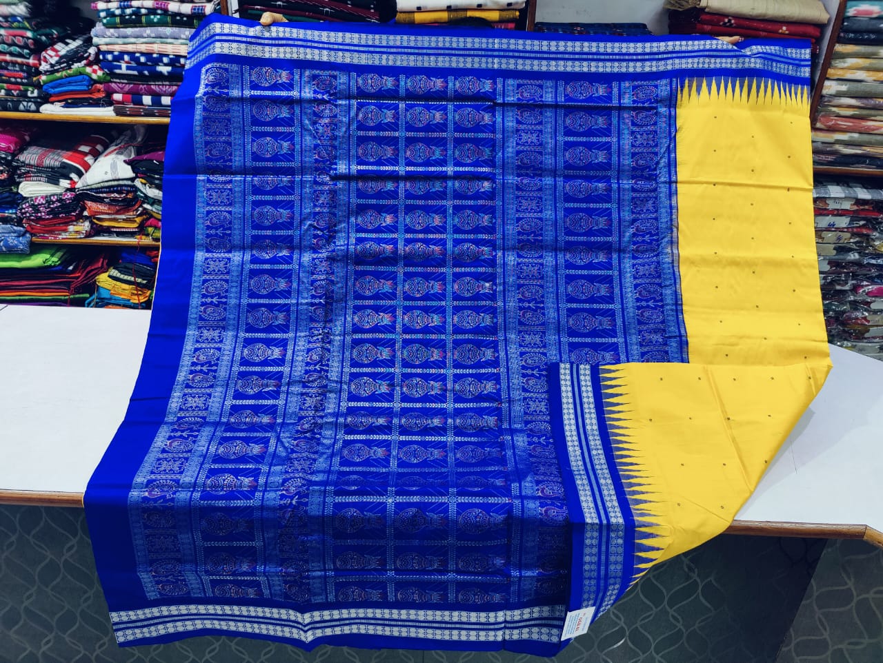 Blue and yellow bomkai silk saree