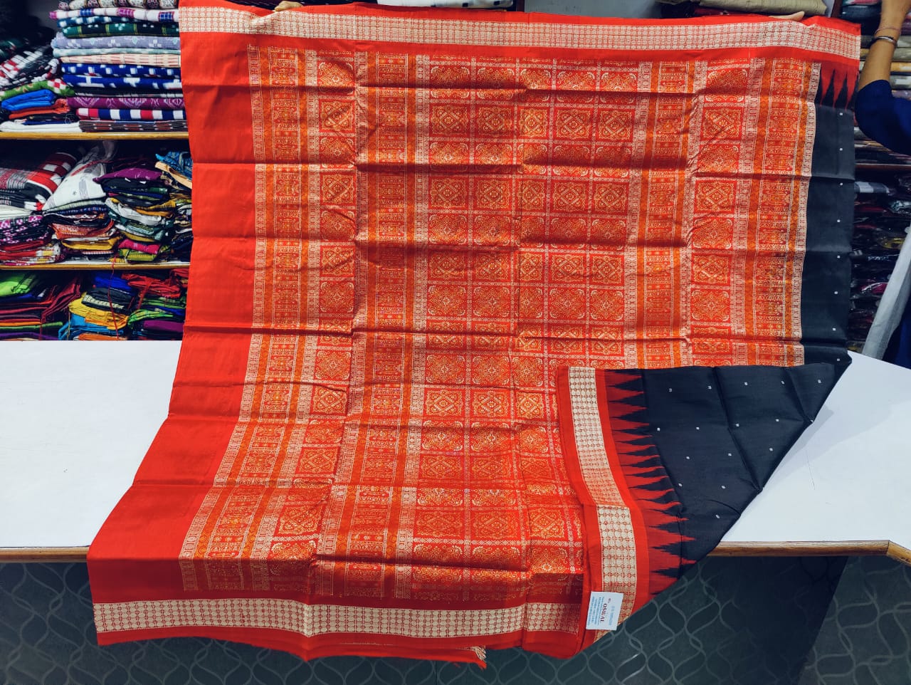 Black and red Bomkai silk saree