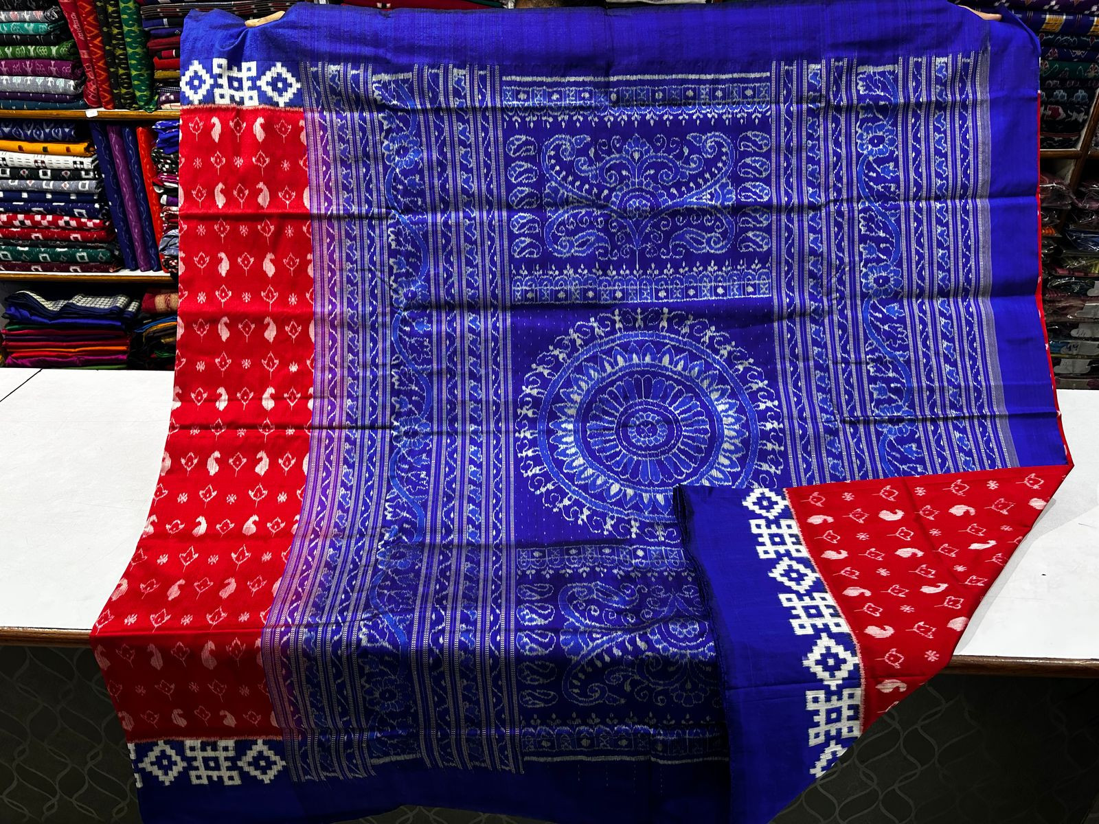 Red and Blue Sambalpuri silk saree