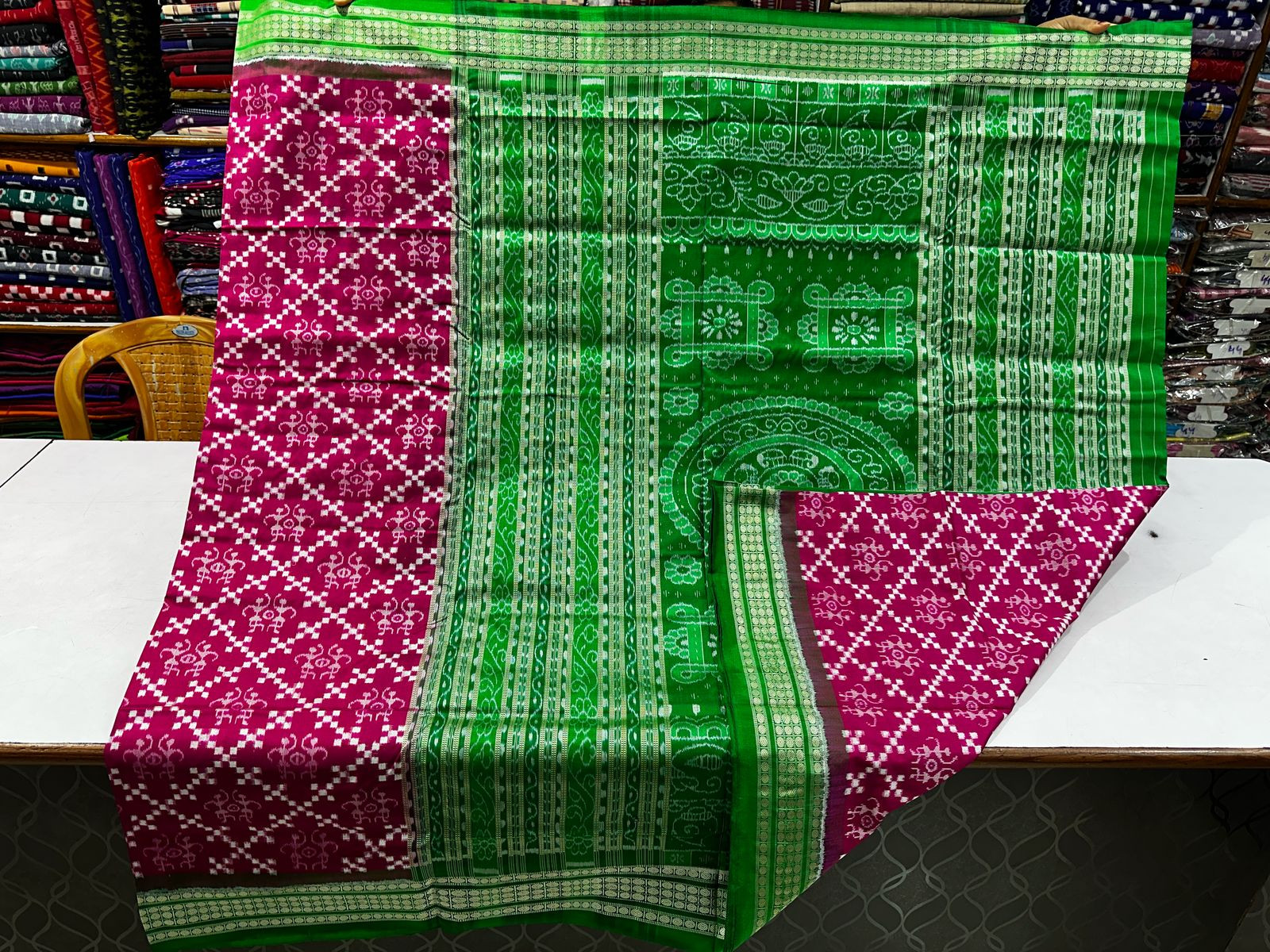 Pink and green Sambalpuri silk saree