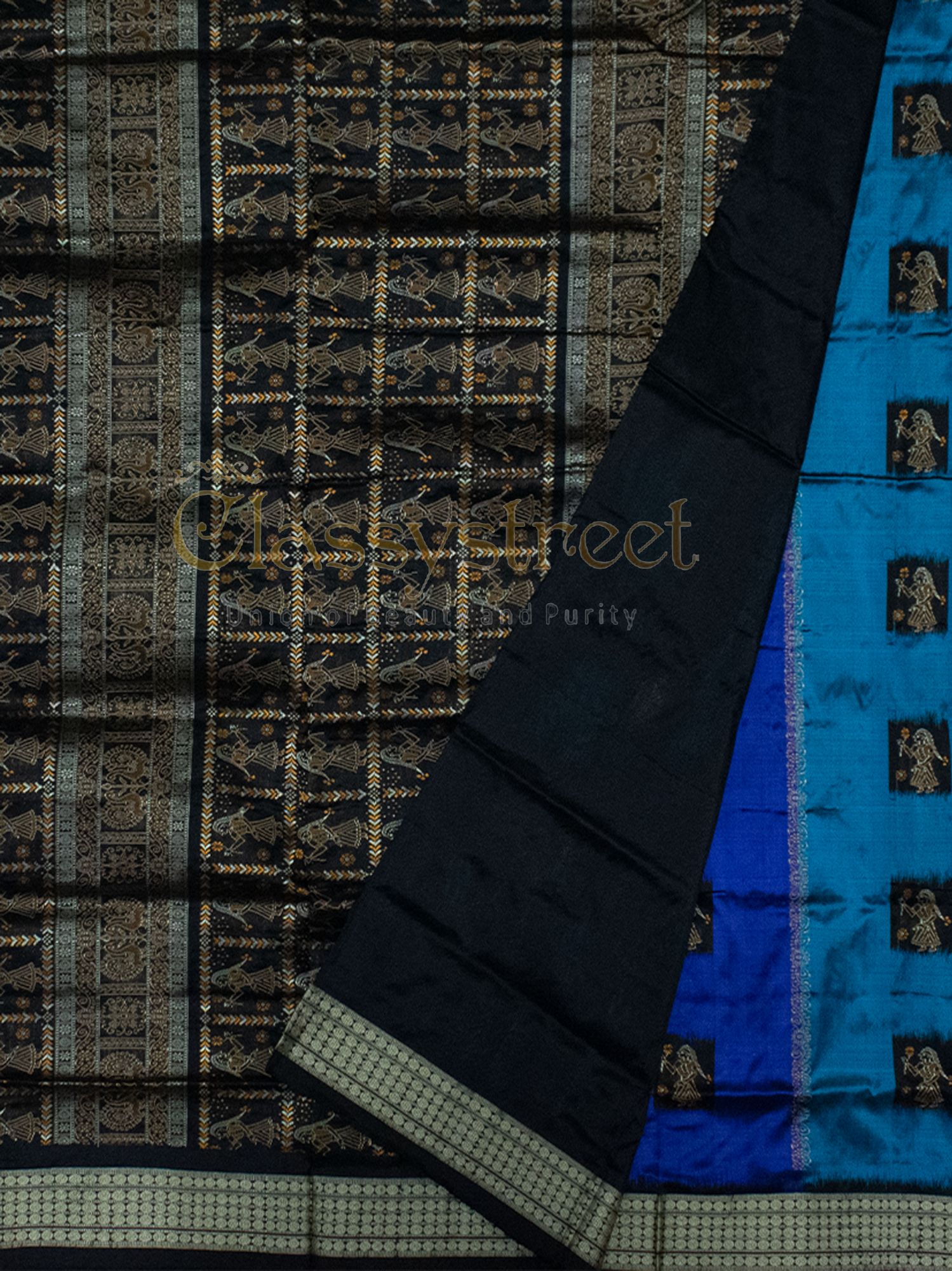 Blue and Black Putli Design Bomkai silk saree