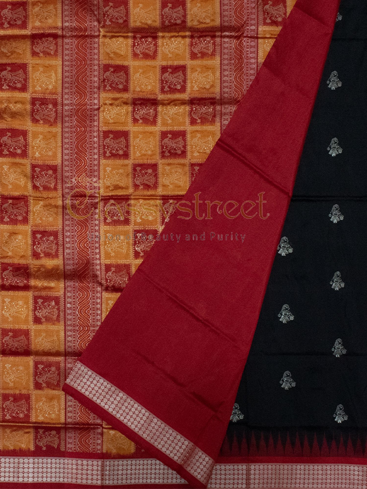 Black and Red Bomkai silk saree