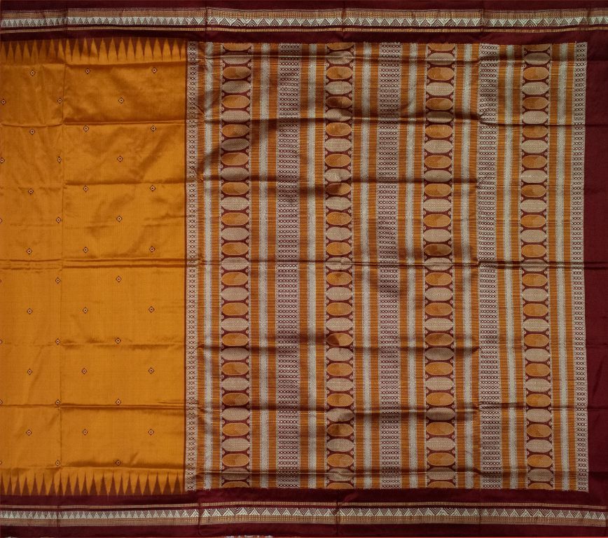 Mustard Yellow and Maroon Dongria silk saree