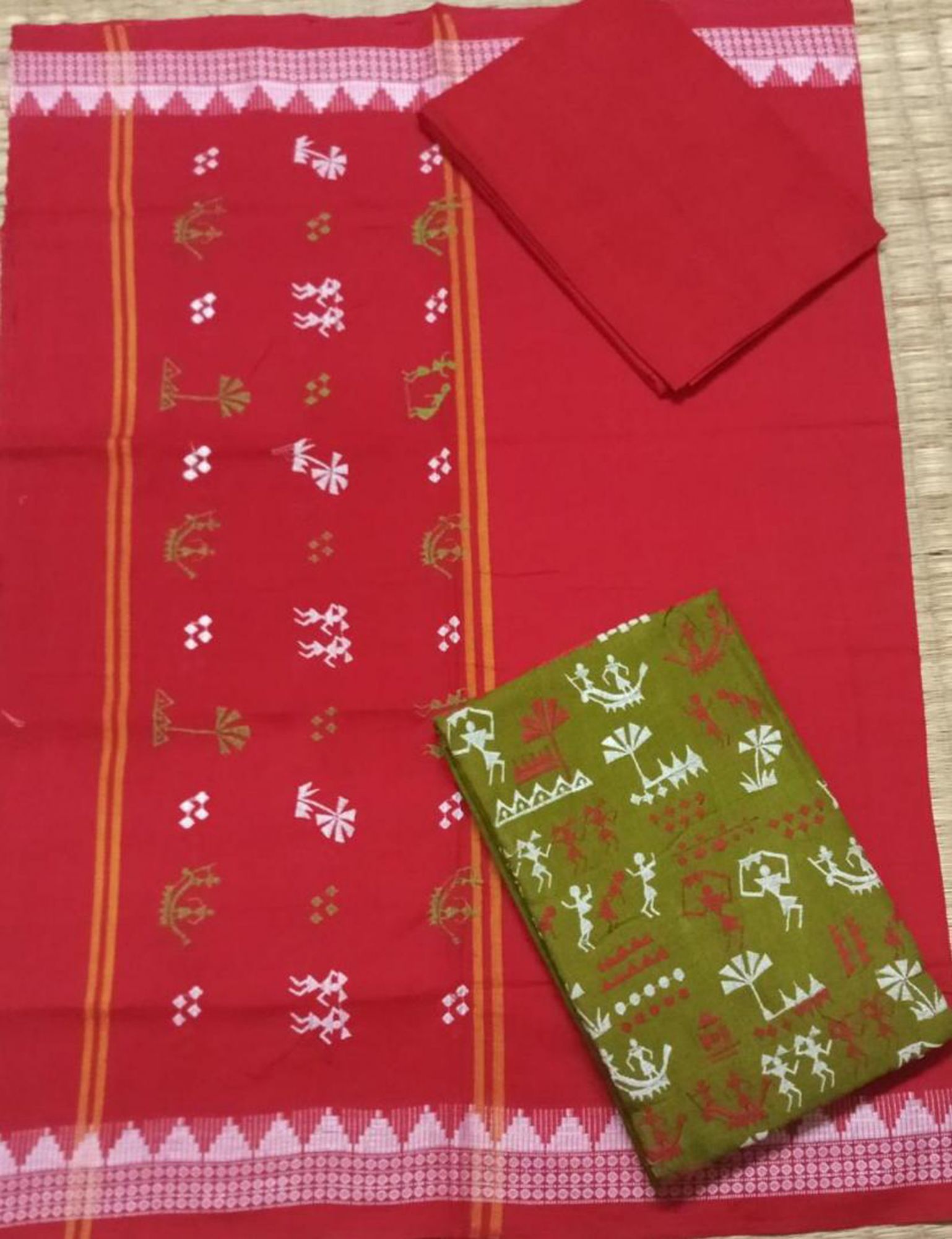 Red and Lime green handwoven ikat salwar suit piece