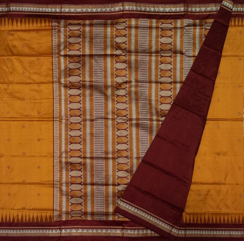Mustard Yellow and Maroon Dongria silk saree