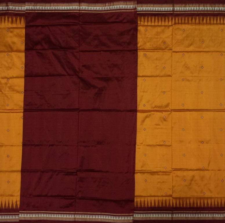 Mustard Yellow and Maroon Dongria silk saree