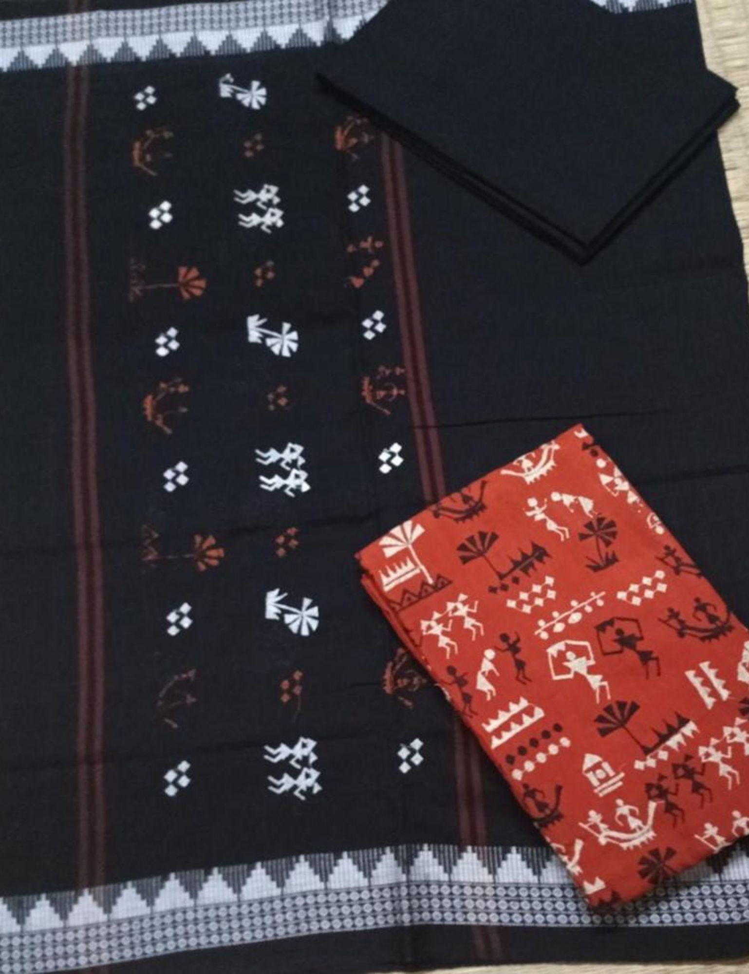 Black White and Red handwoven ikat salwar suit piece