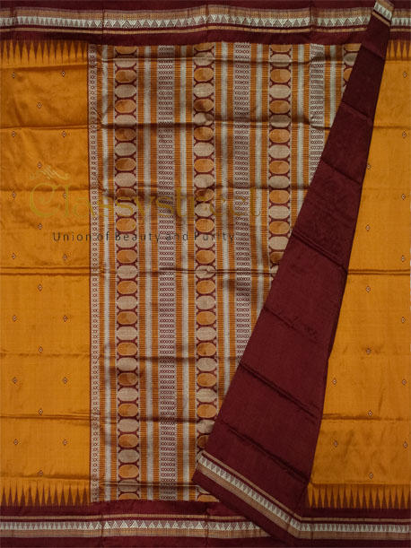 Mustard yellow and Maroon Handwoven Dongria silk saree