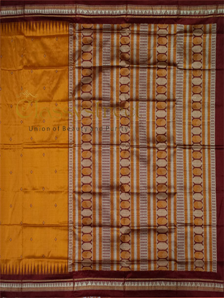 Mustard yellow and Maroon Handwoven Dongria silk saree