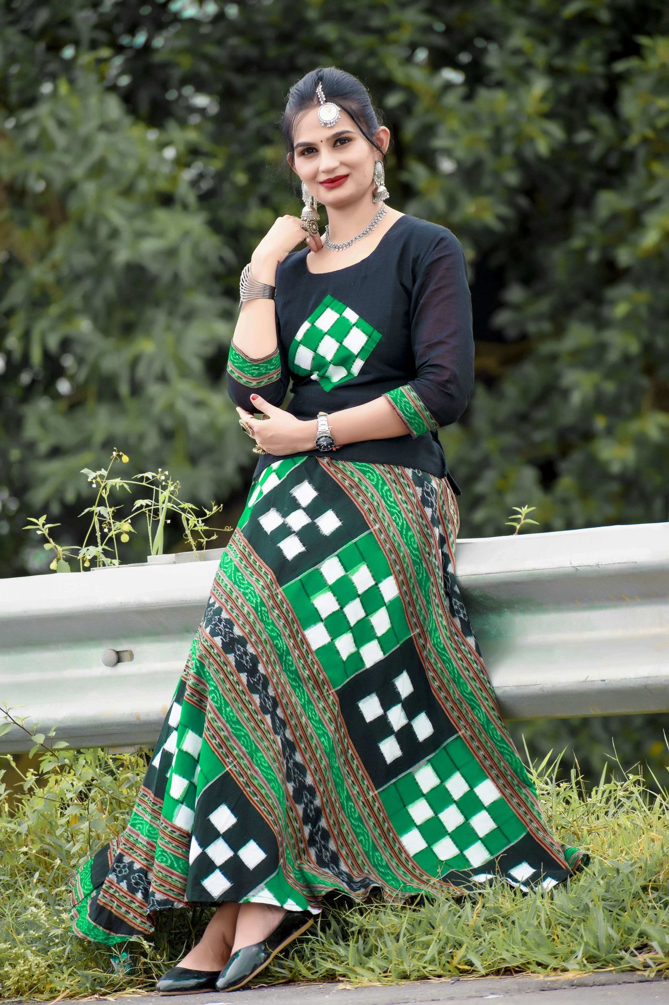 Green Sambalpuri designer Top and skirt