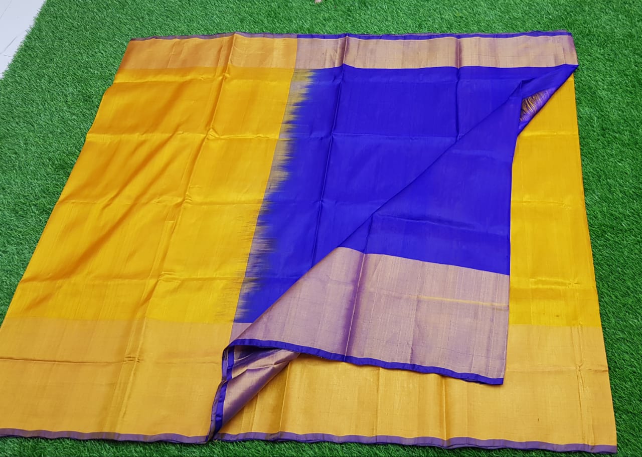 Yellow and Blue uppada pure pattu with big zari border saree