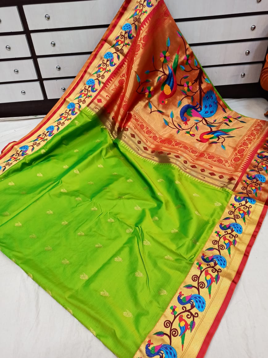 Golden Paithani saree with peocock design