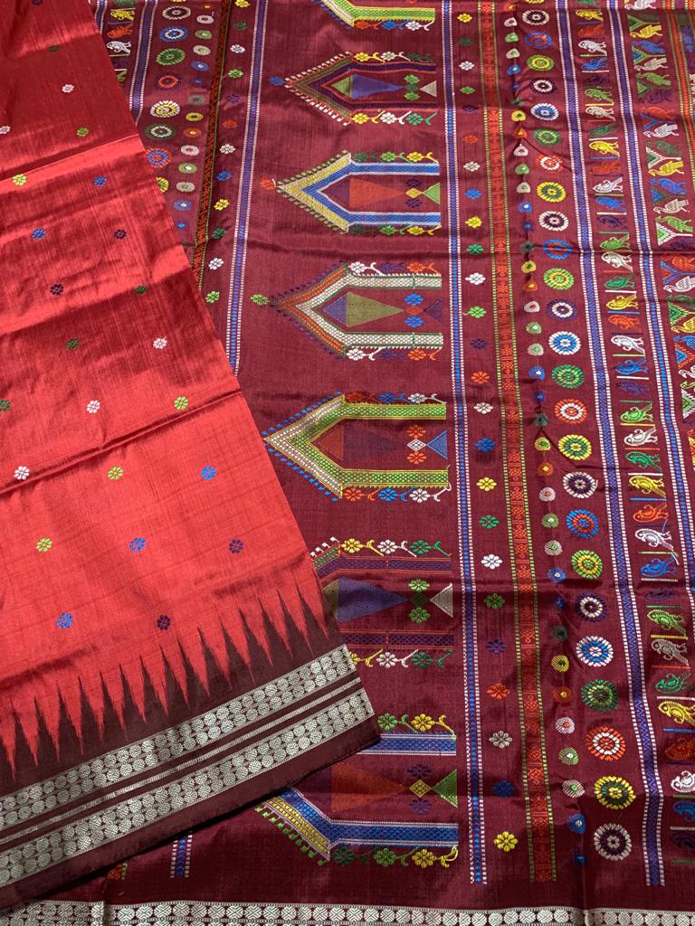 Maroon handwoven Dolabedi silk saree
