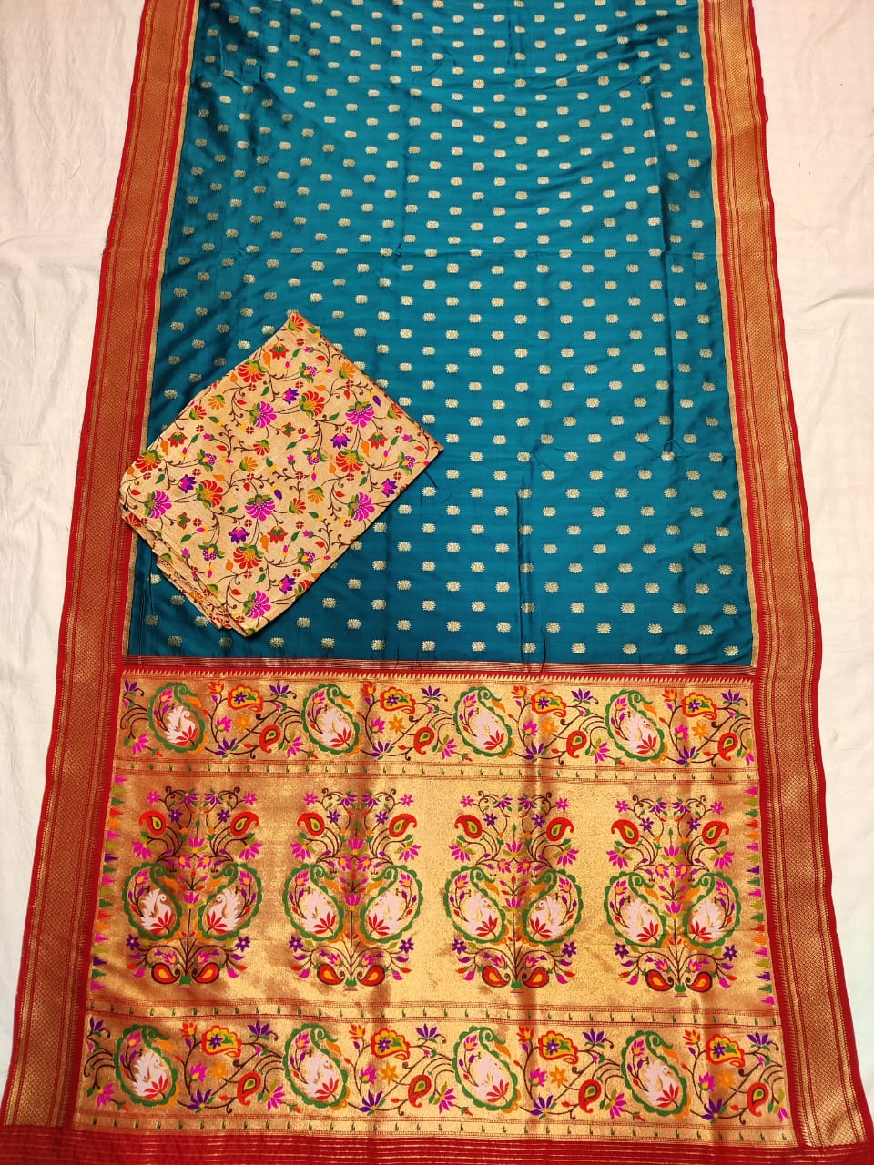 Ocean Green, Red and Golden Maharani paithani saree