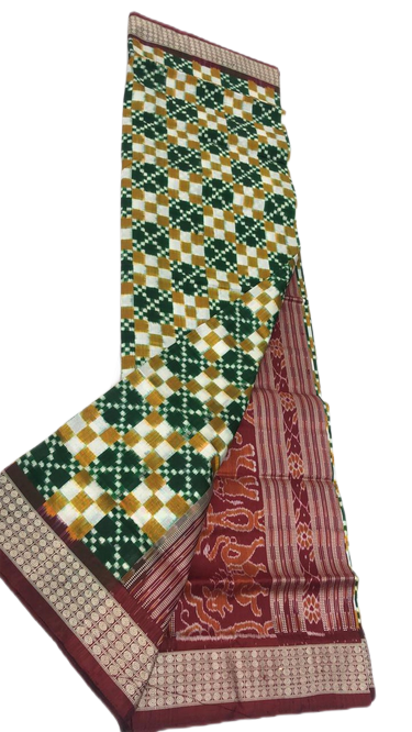 Maroon whitegreen and yellow handwoven pasapalli saree