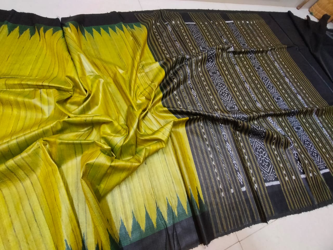 Olive green and Black Gopalpur Tussar silk saree