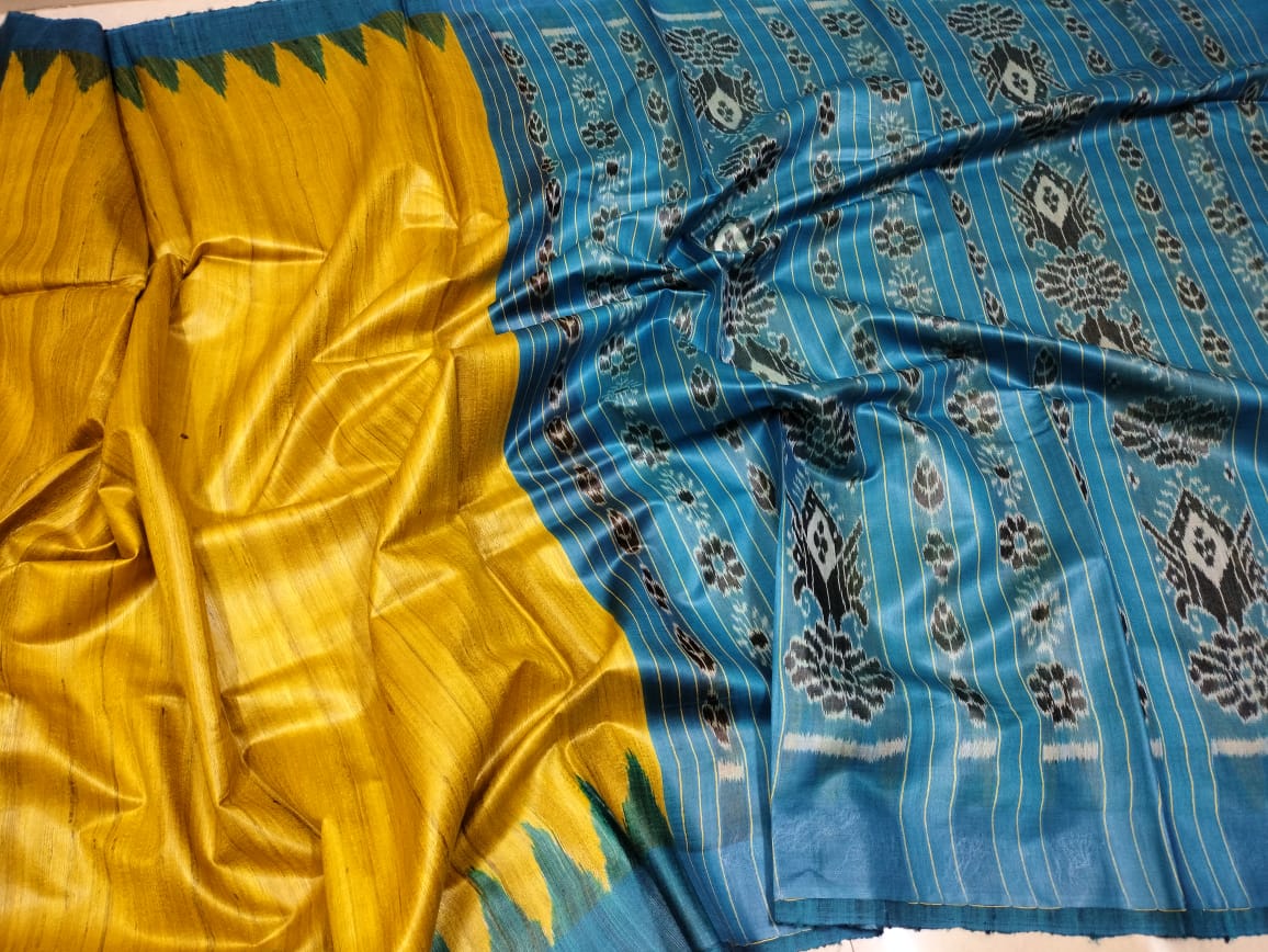 Yellow and Blue Gopalpur Tussar silk saree