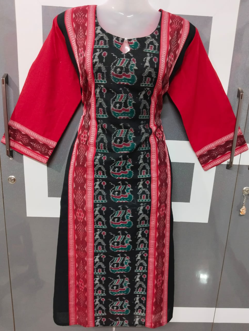 Red and black Sambalpuri cotton Dress