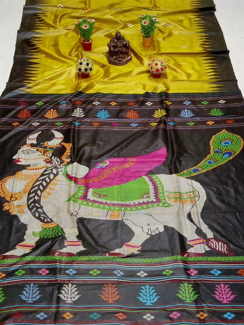 Yellow and black Gopalpur Tussar silk saree