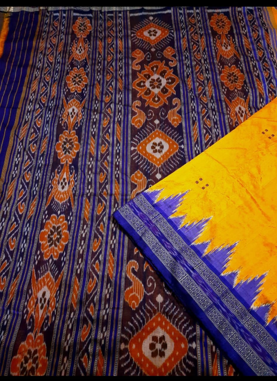 Yellow and blue khandua silk saree