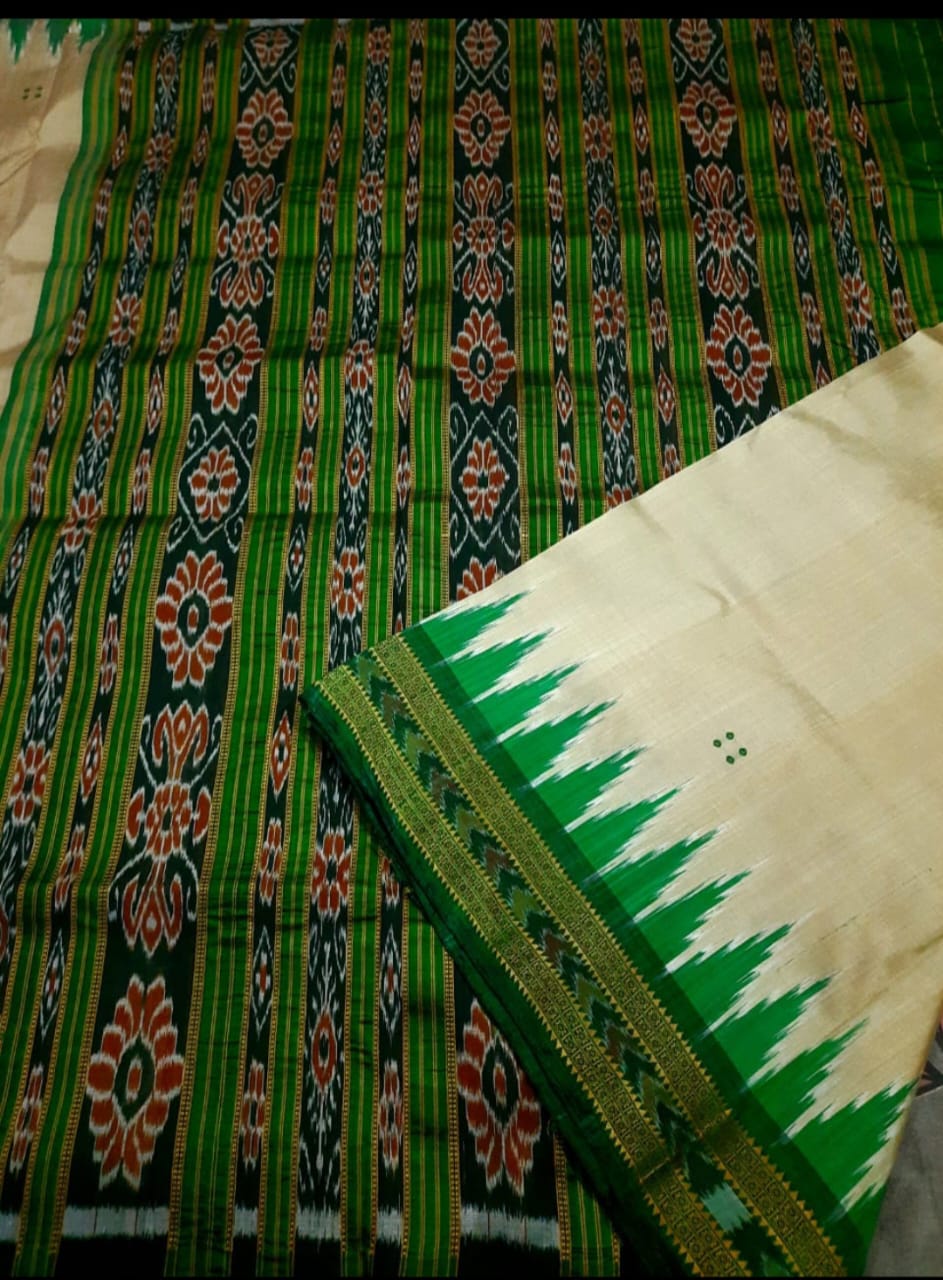 Off white and green khandua silk saree