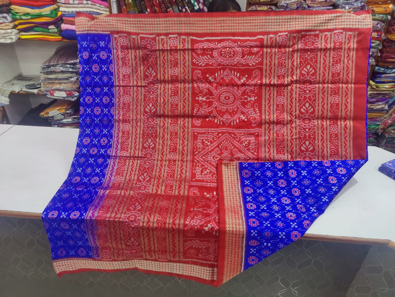 Blue and red Sambalpuri silk saree