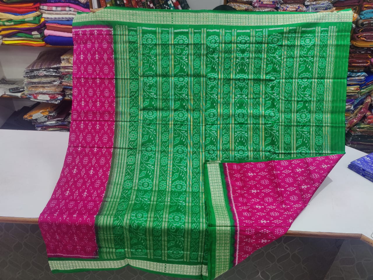 Magenta and green Sambalpuri silk saree