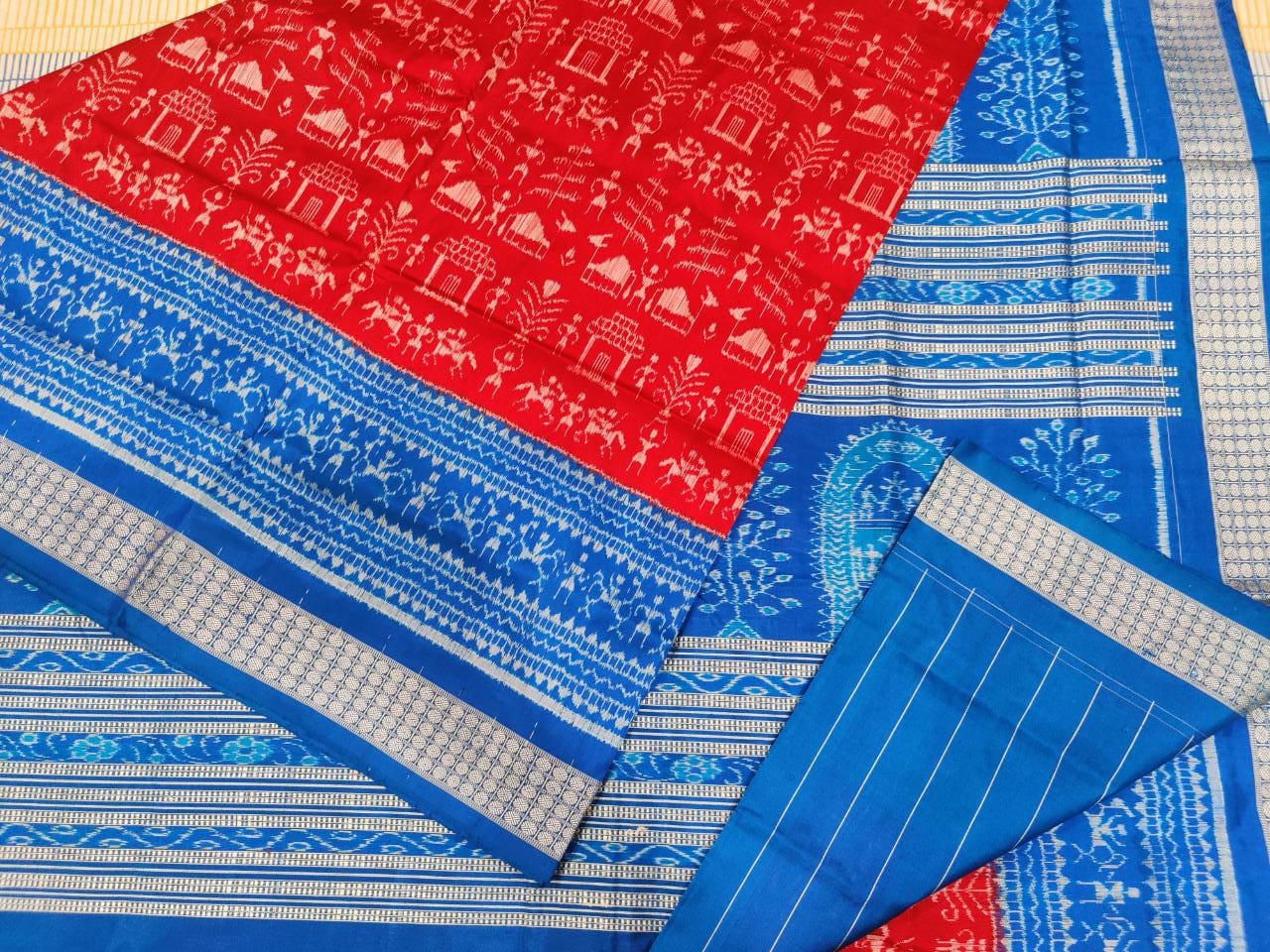 Red and blue sambalpuri silk saree