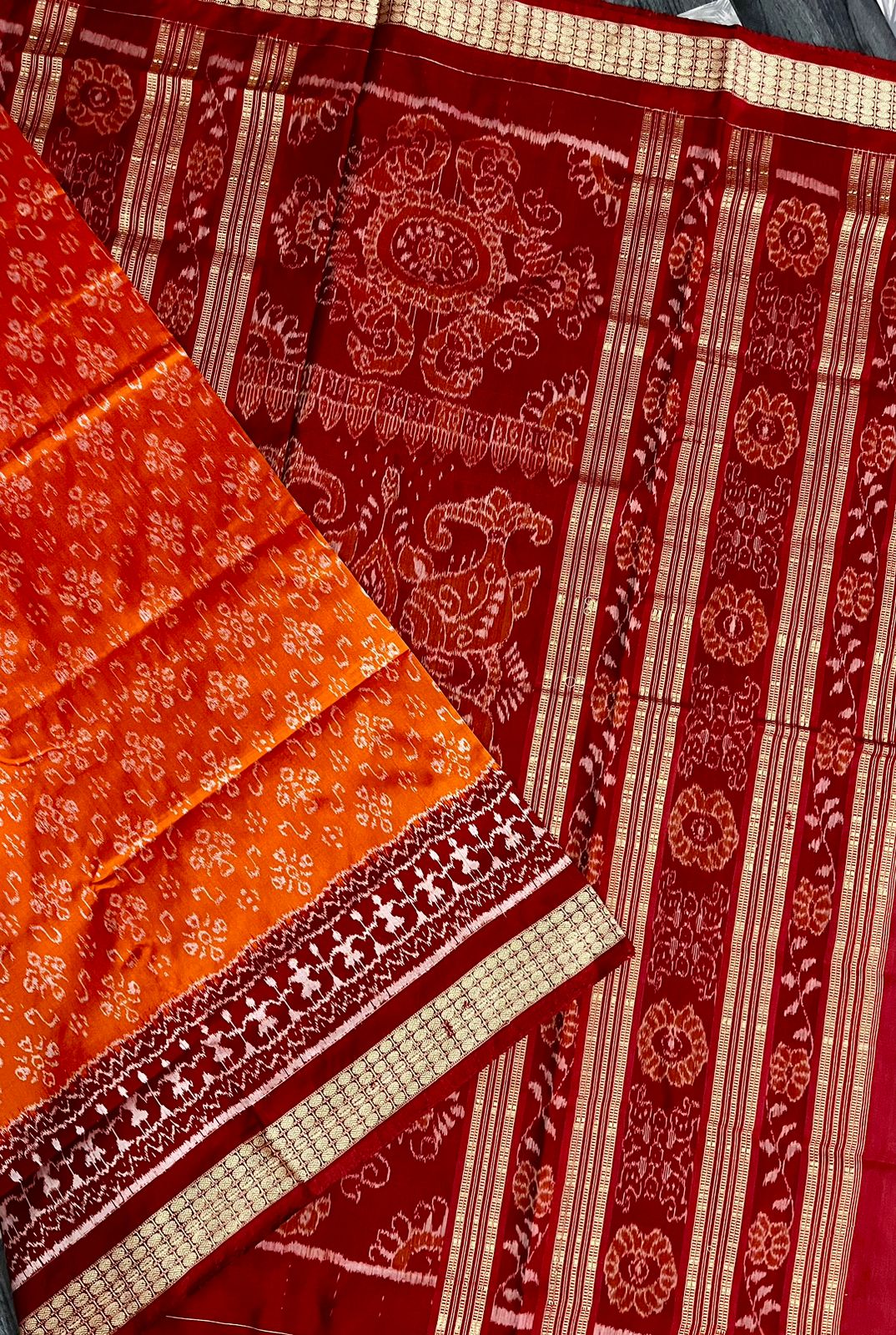 Orange and maroon sambalpuri silk saree