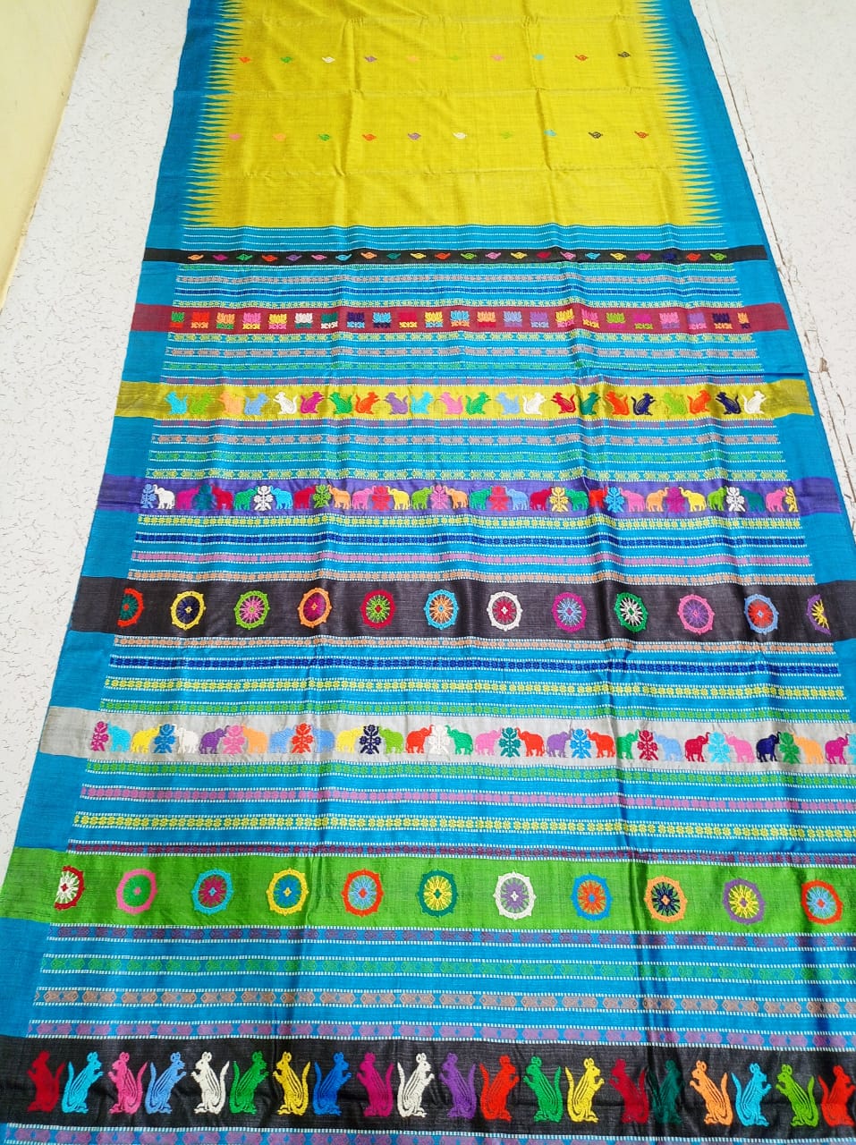 Yellow and blue Tusser silk saree