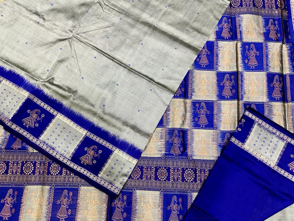 Blue and Cream Doll design sambalpuri silk saree