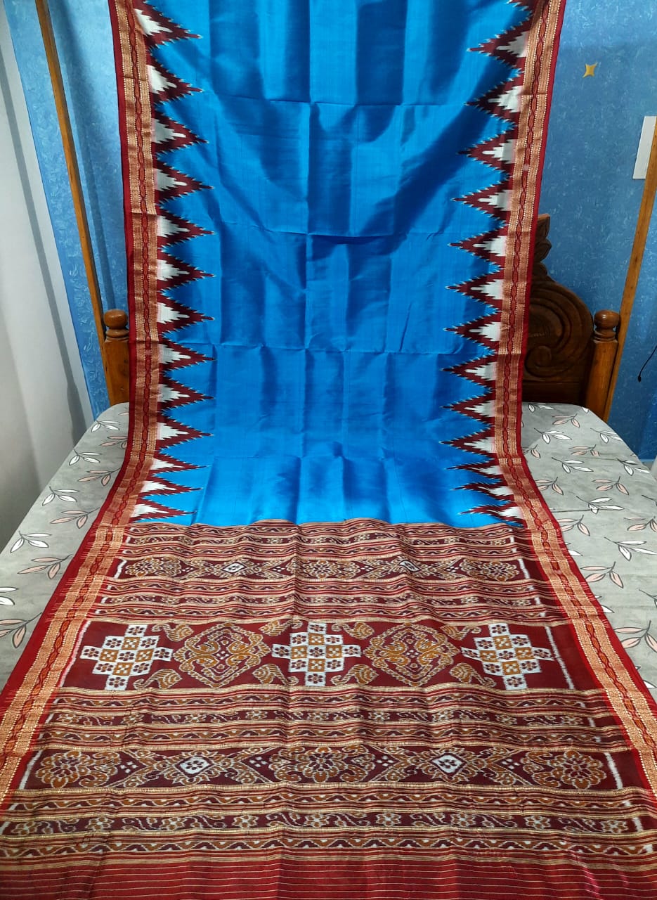 Blue and Maroon Bada Kumbha Khandua silk saree