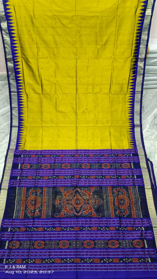 Yellow and blue Bomkai silk saree