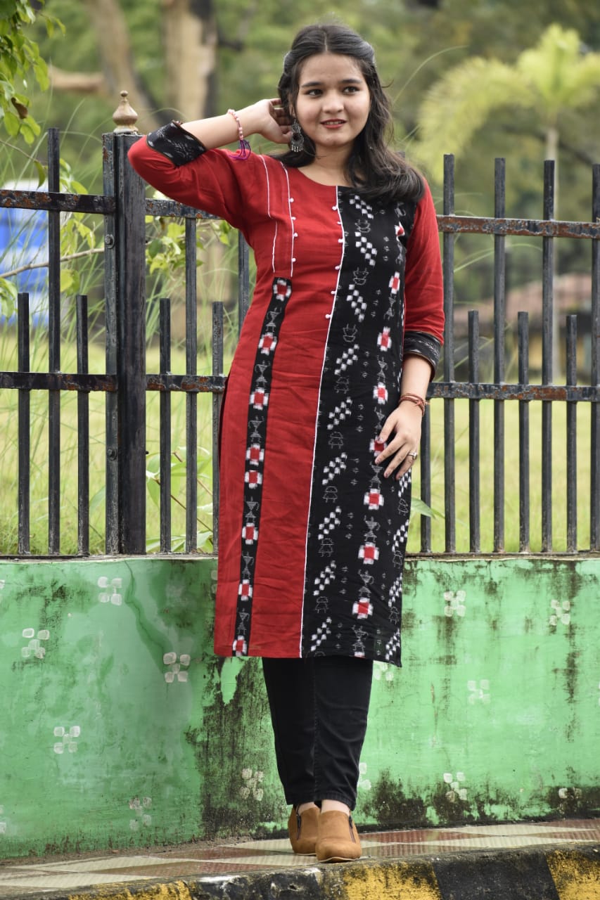 Black and maroon Sambalpuri cotton Kurti
