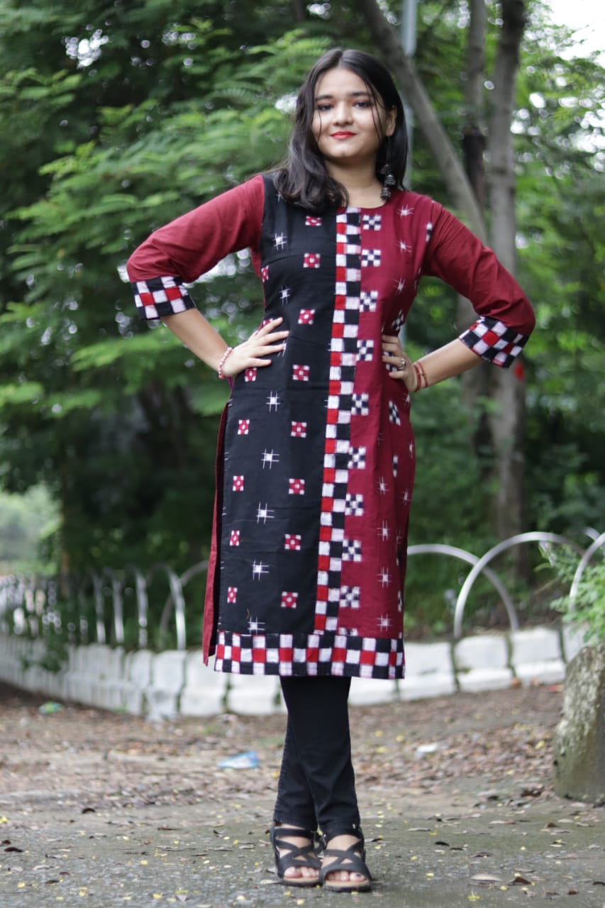 Black and maroon Sambalpuri cotton Kurti