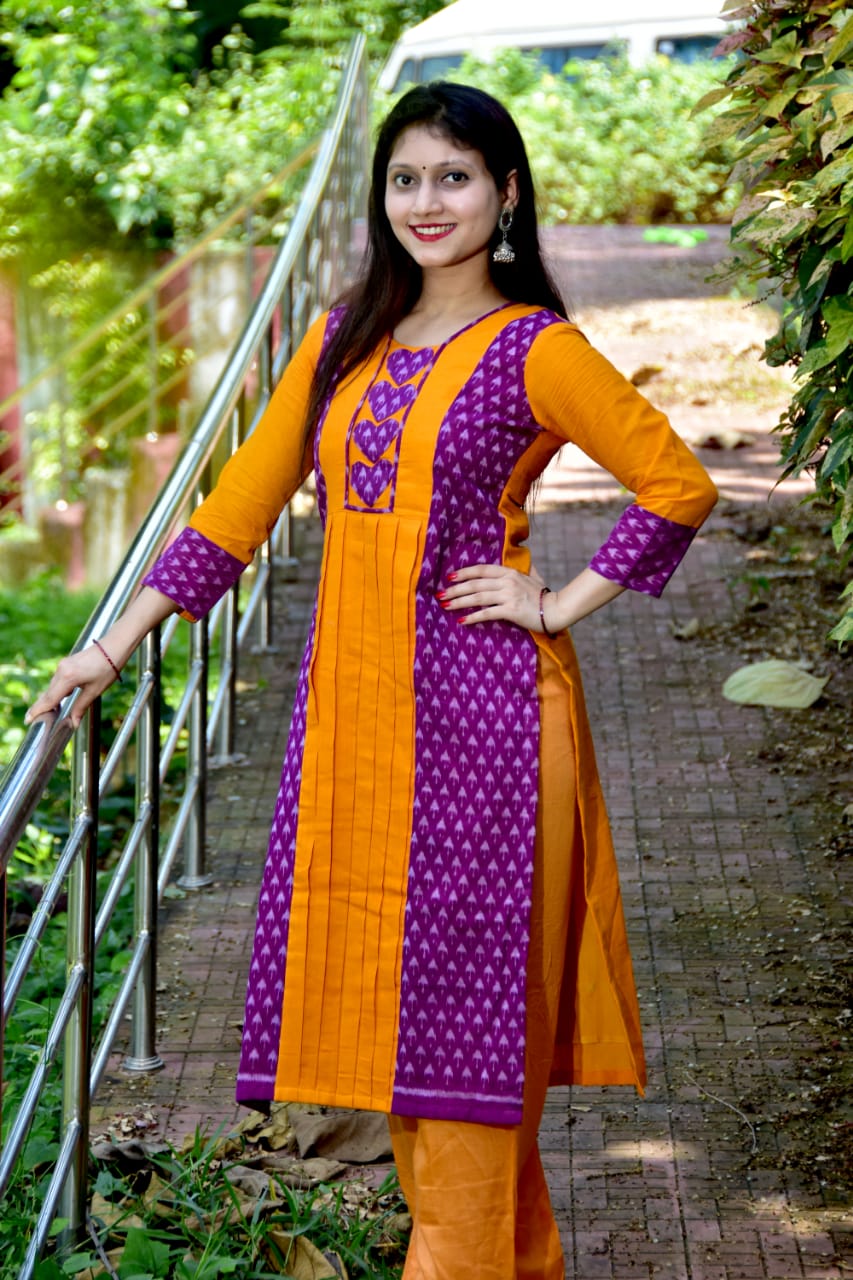 Yellow and purple Sambalpuri cotton Kurti