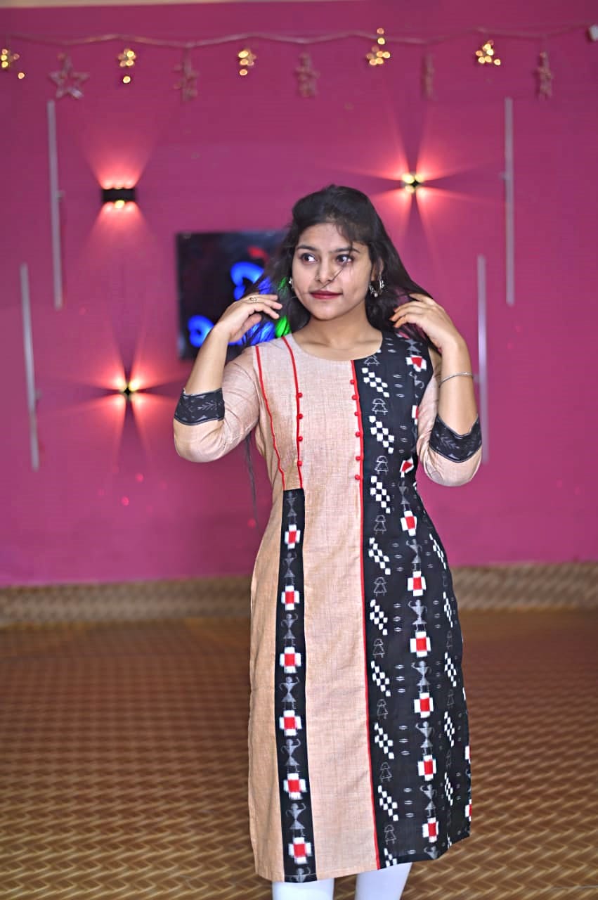 Cream and Black Sambalpuri cotton Kurti