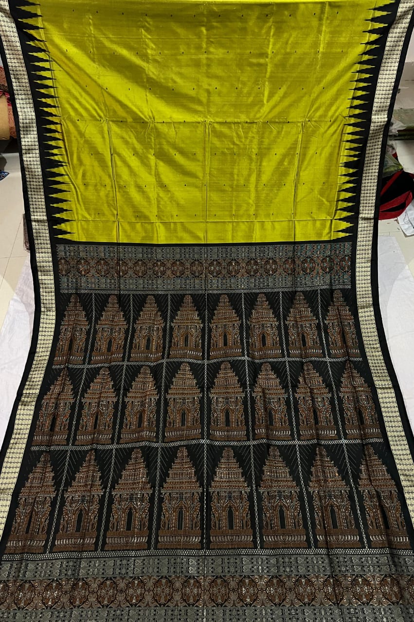 Lemon yellow and black Sambalpuri silk saree