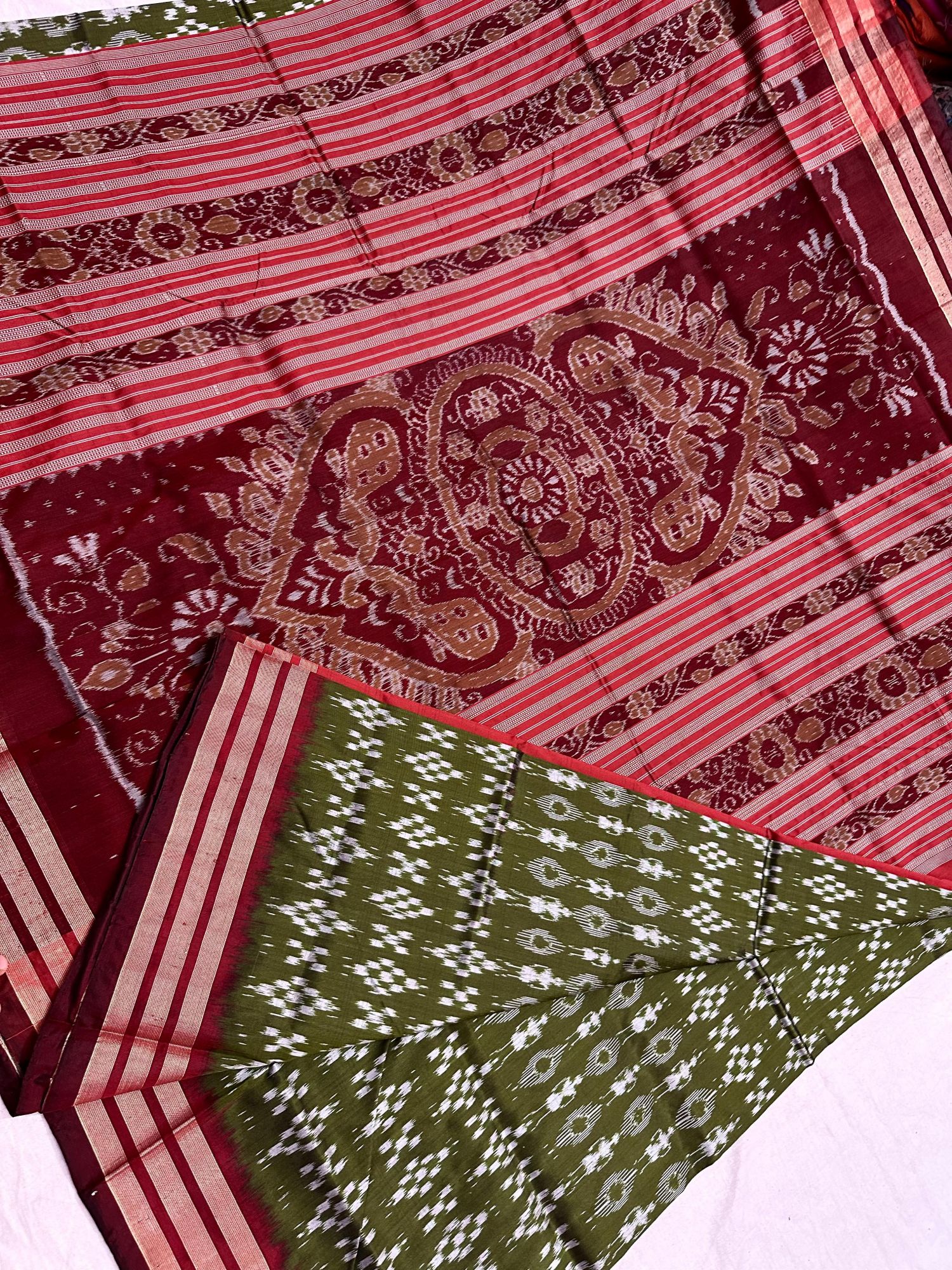 Green and Red Sambalpuri pata saree